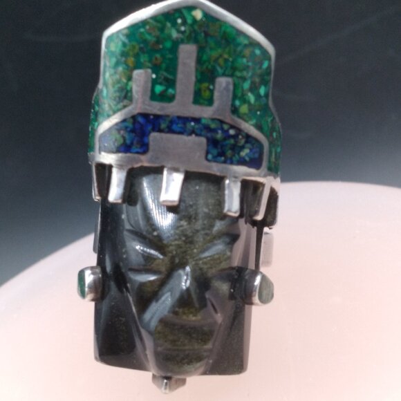 Vintage Sterling Silver Carved Tribal Onyx Mask crushed Malachite & Lapis Lazuli - Picture 4 of 4